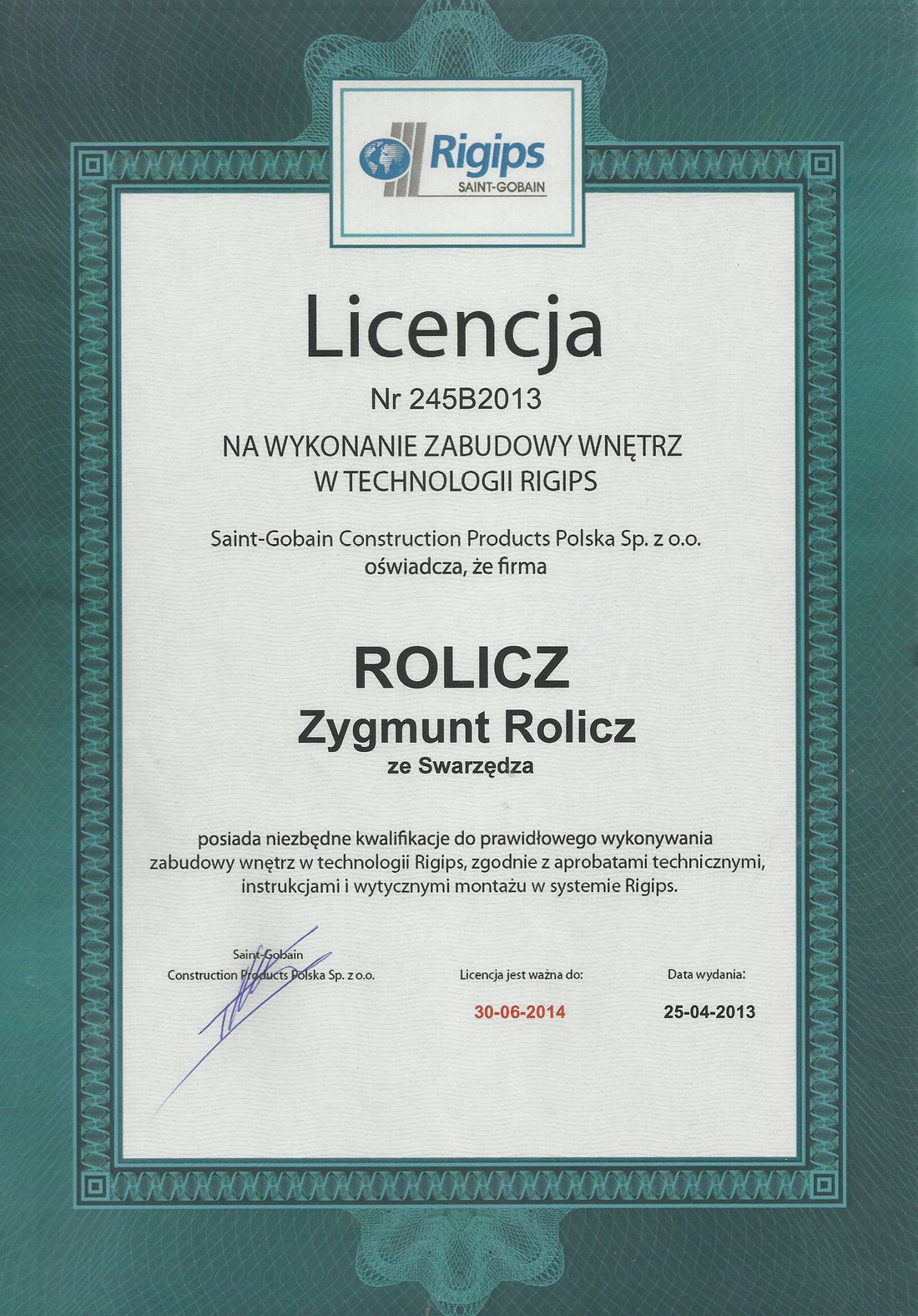 Skan dokumentu: Licencja Rigips: zabudowa wnętrz
